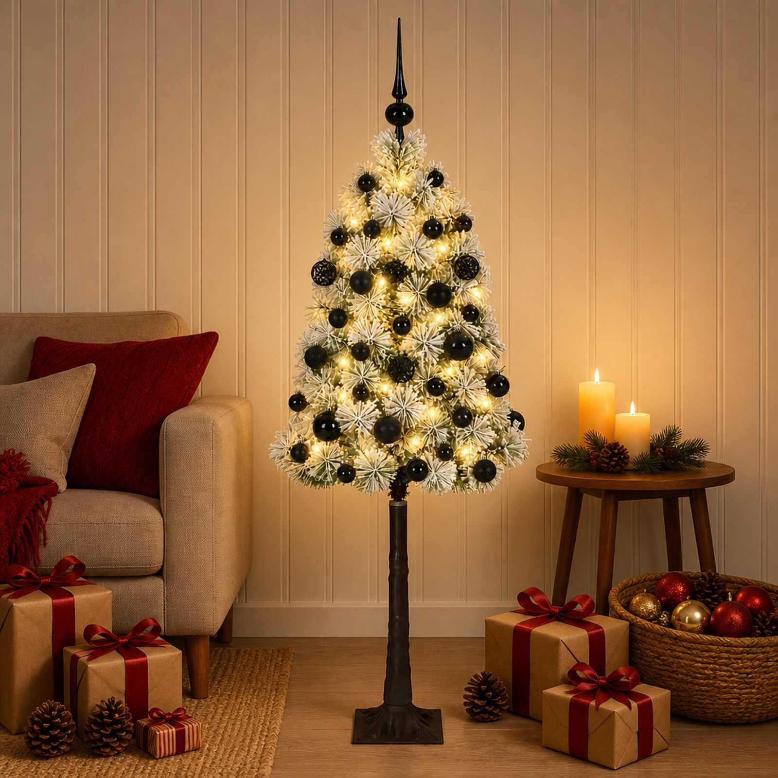 vidaXL Kunstigt hængslet juletræ med julekugler 120 cm 150 LED'er