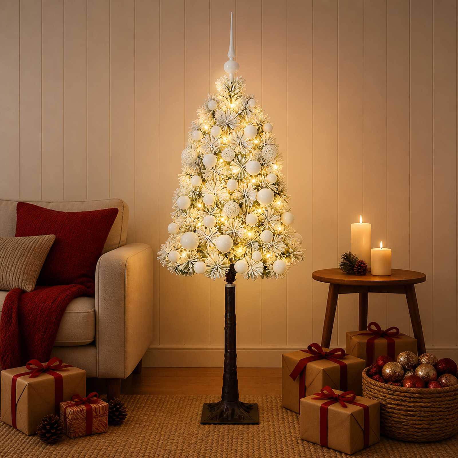 vidaXL Kunstigt hængslet juletræ med julekugler 120 cm 150 LED'er