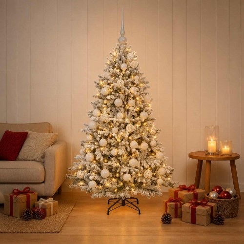 Kunstigt juletræ med kugler og 150 LED - 120 cm, varm hvid