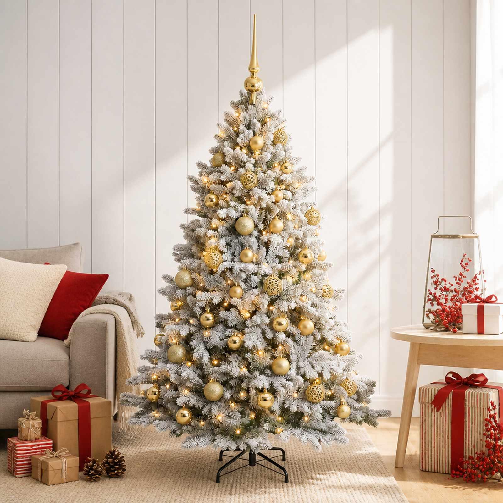 Kunstigt juletræ med julekugler og 150 LED - 120 cm, varm hvid