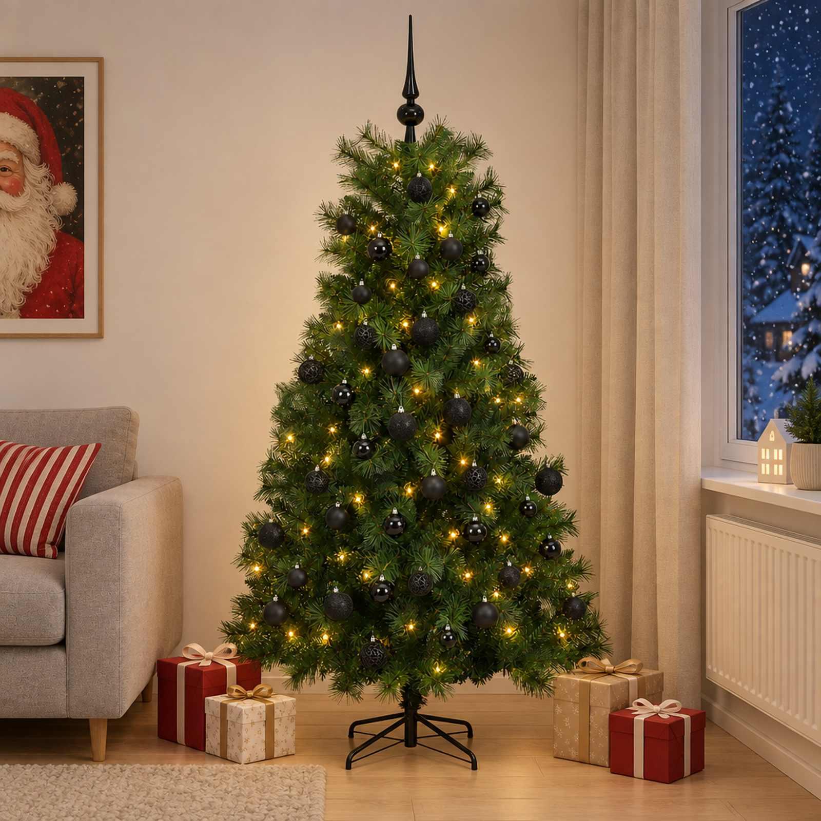 vidaXL Kunstigt hængslet juletræ med julekugler 210 cm 300 LED'er