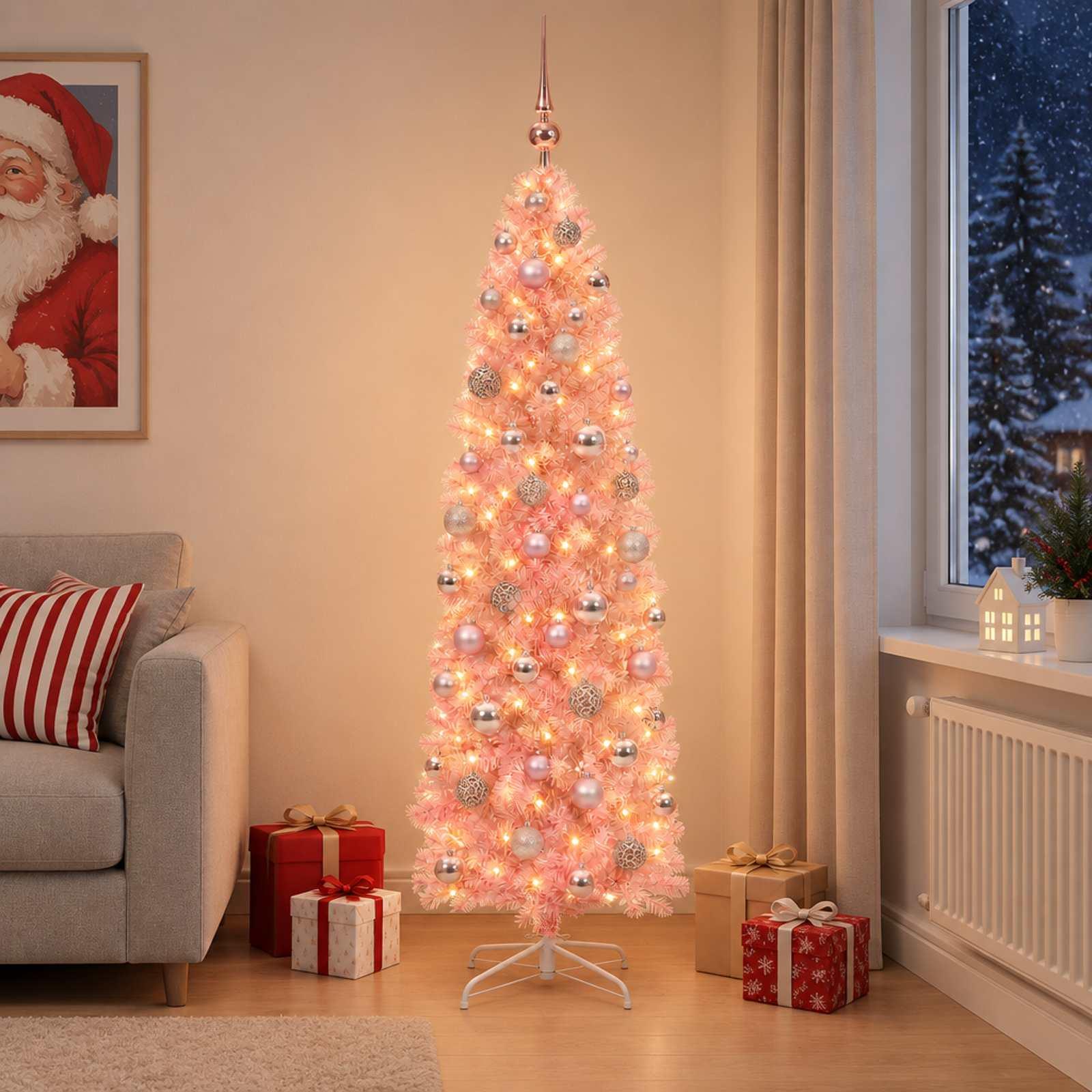 Kunstigt smalt juletræ med LED og kugler - lyserød, 240 cm