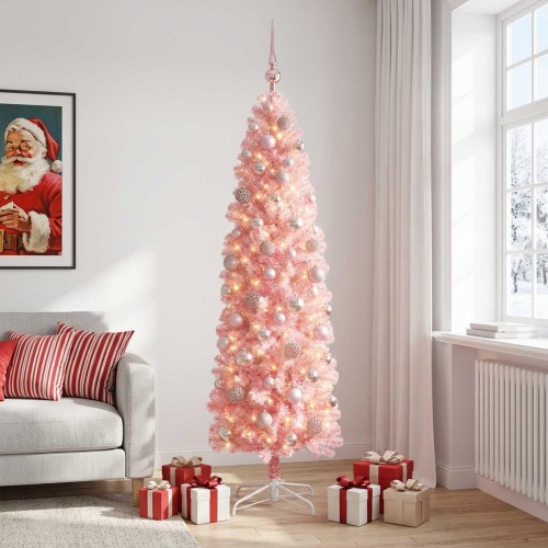 Kunstigt smalt juletræ med LED og kugler - lyserød, 240 cm