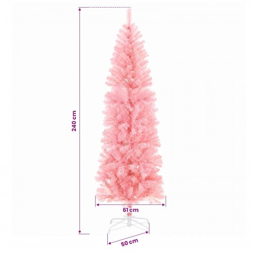 Kunstigt smalt juletræ med LED og kugler - lyserød, 240 cm