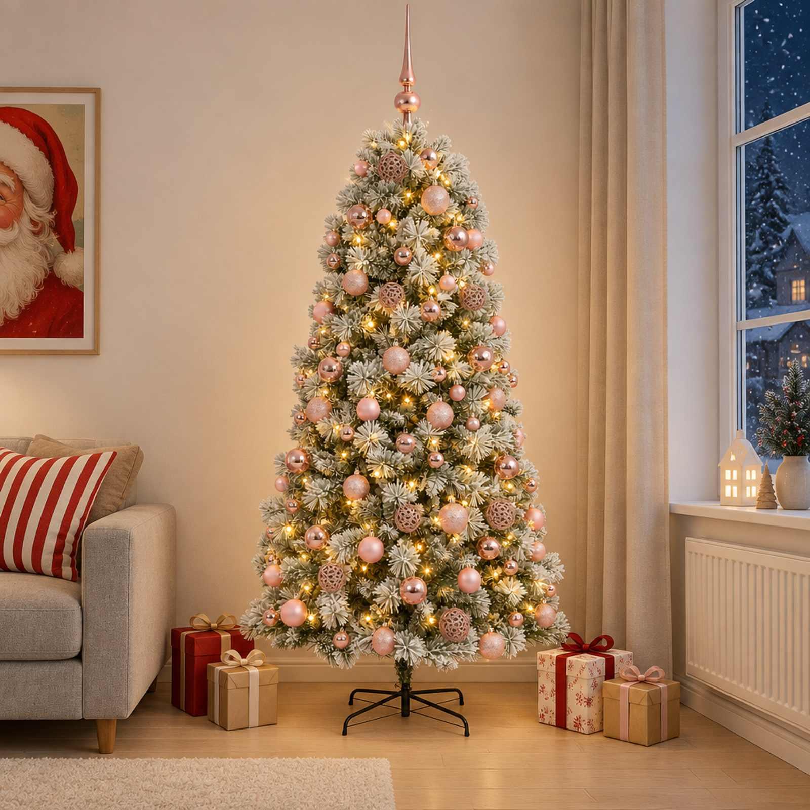 vidaXL Kunstigt hængslet juletræ med julekugler 180 cm 300 LED'er