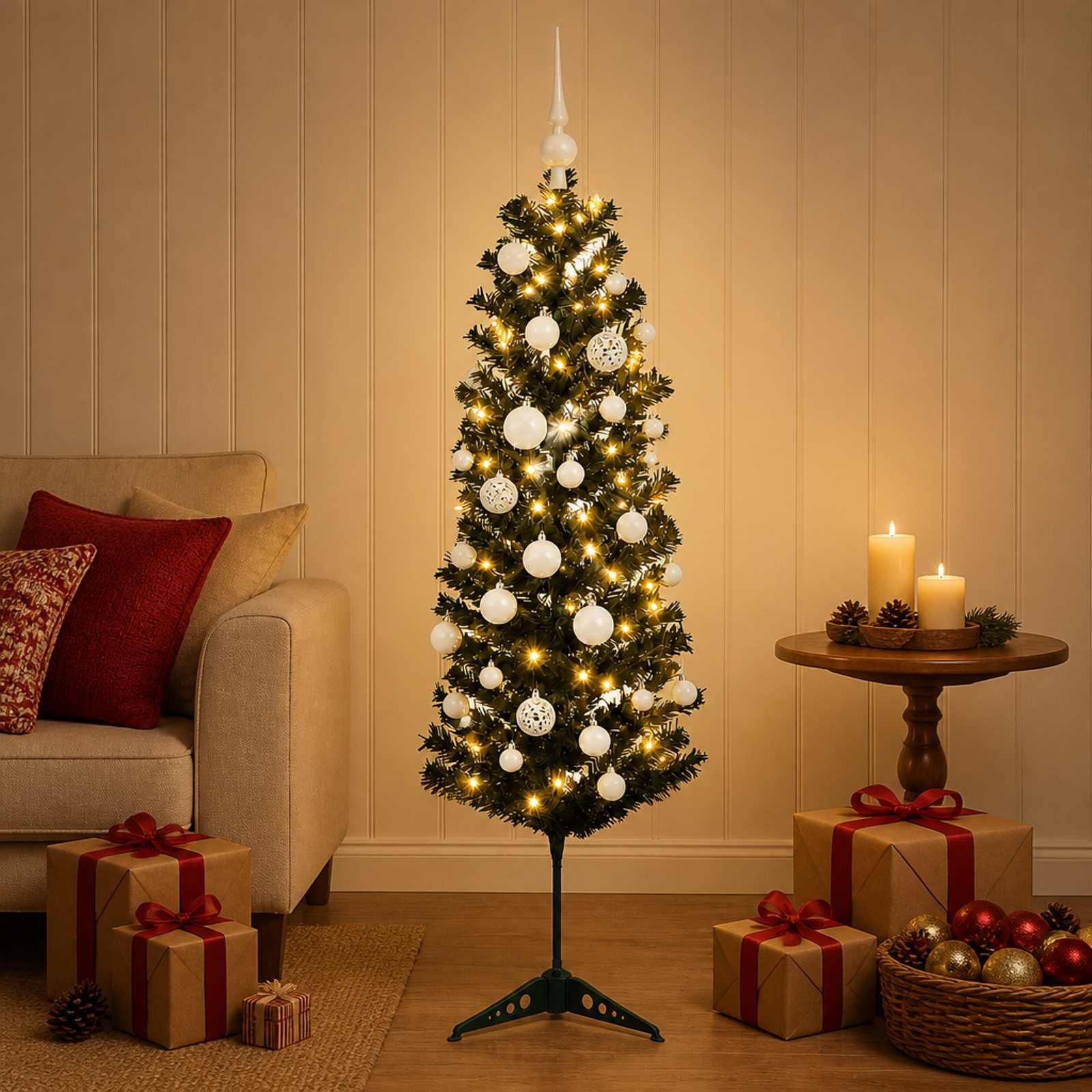 Kunstigt slankt juletræ med julekugler og 150 LED'er - 120 cm
