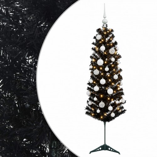 Kunstigt slankt juletræ med julekugler og 150 LED'er - 120 cm