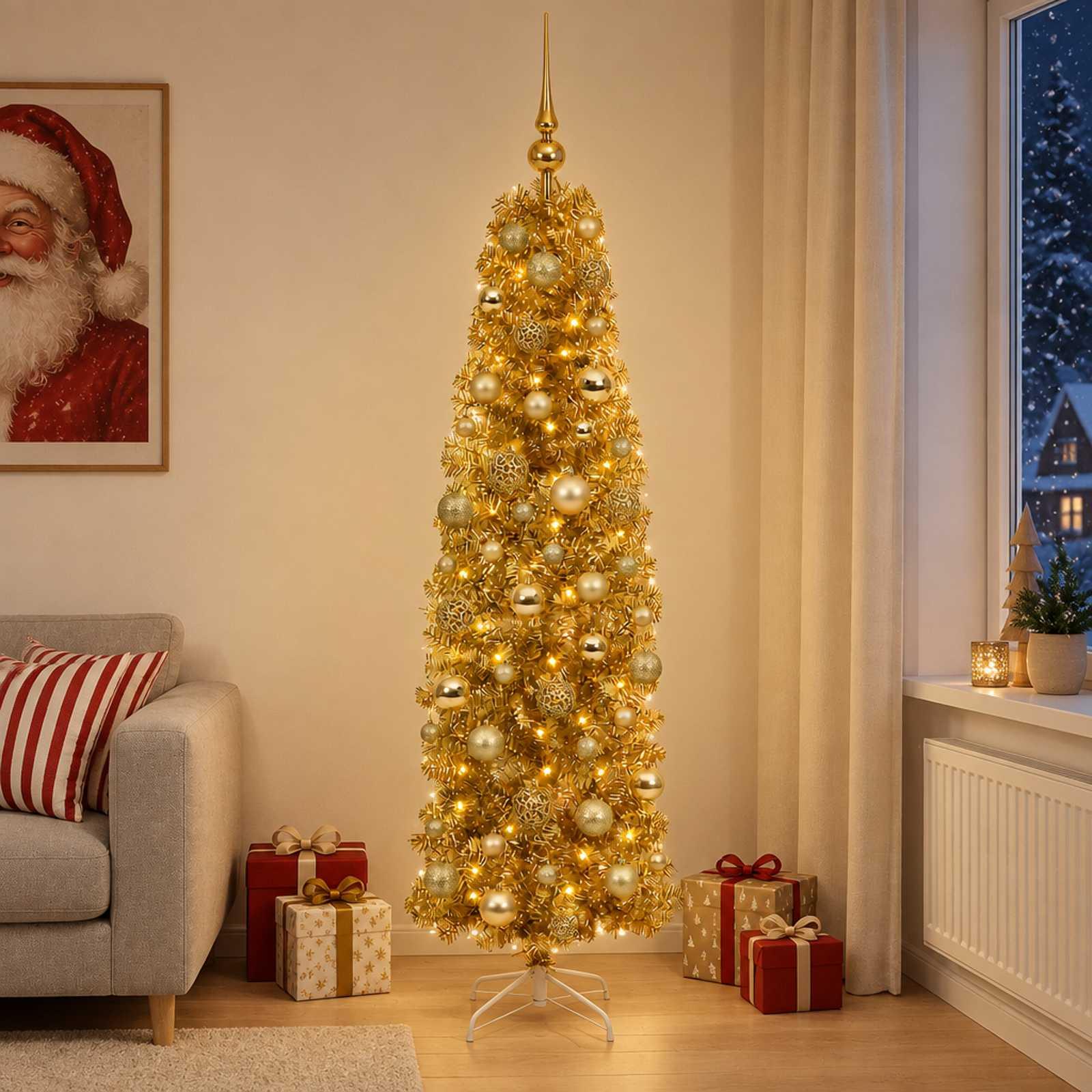 vidaXL Kunstigt slankt juletræ med kugler 180 cm 300 LED'er Varm hvid