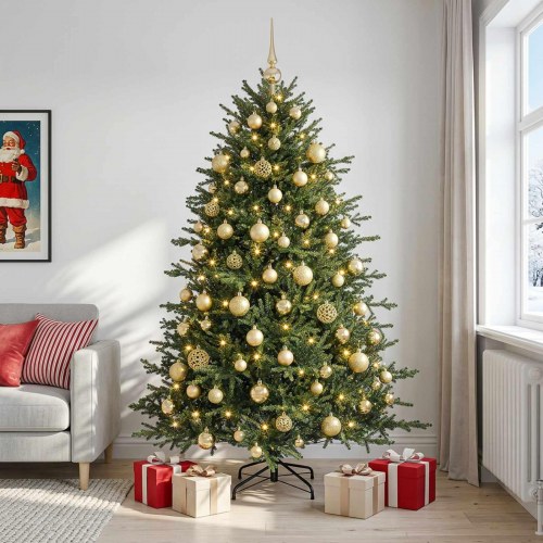 Kunstigt juletræ med julekugler og 300 LED - 180 cm