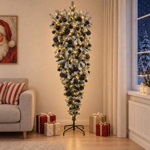 Omvendt kunstigt juletræ med julekugler og 300 LED'er - 210 cm