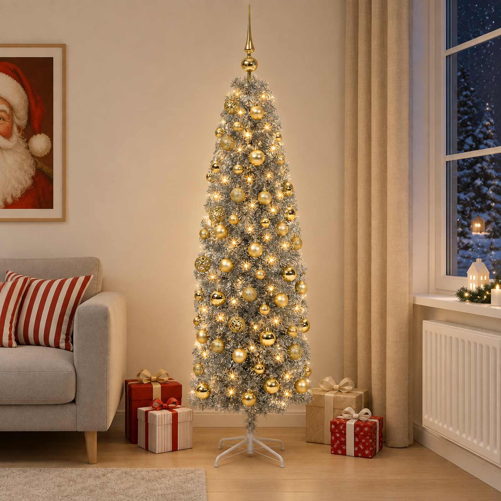vidaXL Kunstigt slankt juletræ med julekugle 180 cm 300 LED'er