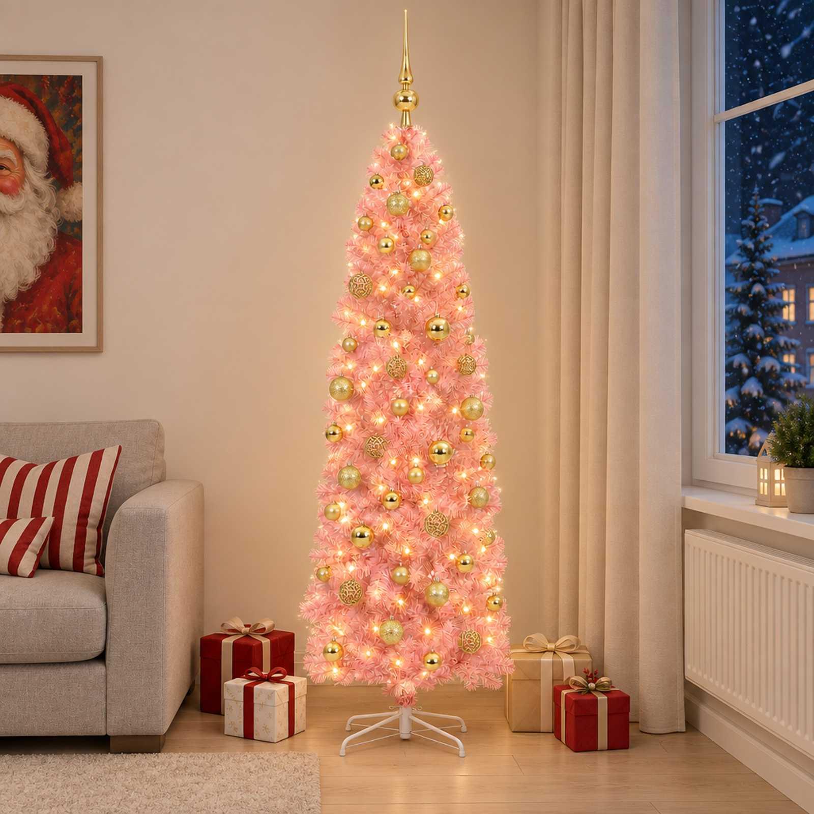 vidaXL Kunstigt slankt juletræ med julekugle 180 cm 300 LED'er