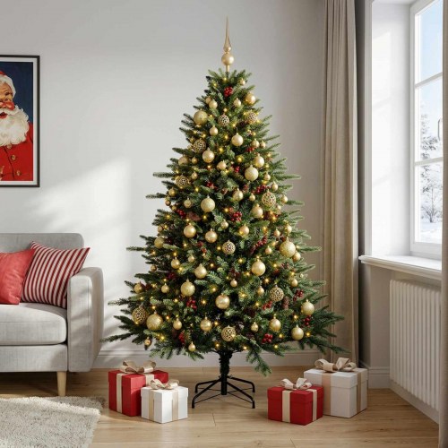 Kunstigt juletræ med julekugler 180 cm - 300 LED varm hvid