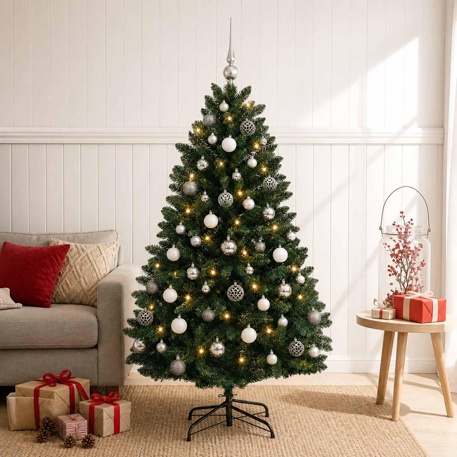 vidaXL Kunstigt mørkegrønt juletræ med julekugler 180 cm 300 LED'er