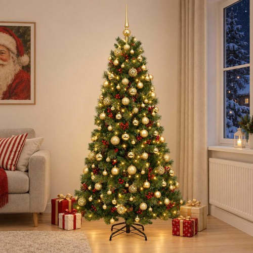 Kunstigt juletræ med LED-lyskæde og julekugler 240 cm - varm hvid