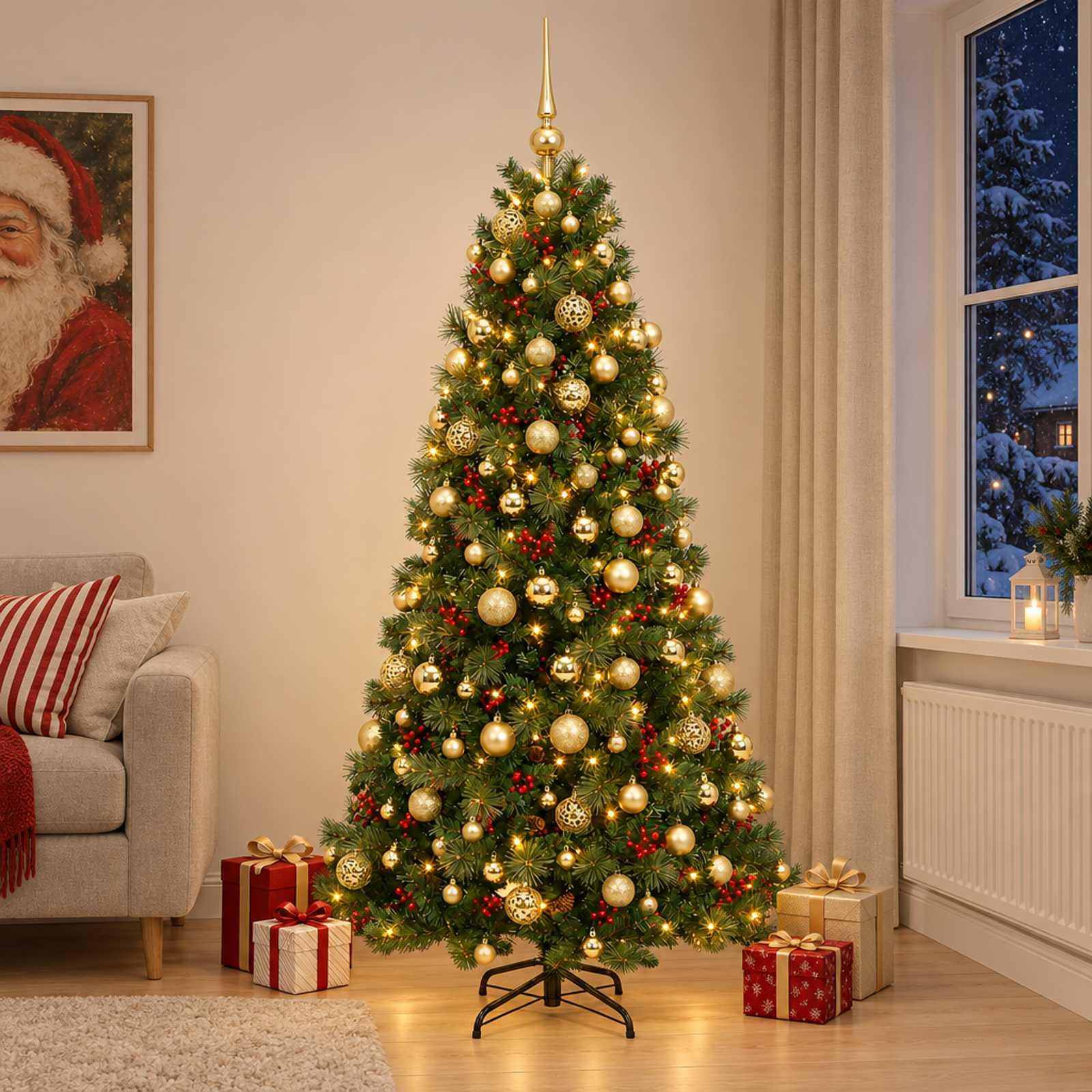 Kunstigt juletræ med LED-lyskæde og julekugler 240 cm - varm hvid