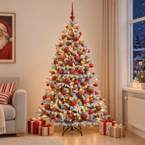 Kunstigt juletræ med kugler og LED 210 cm - varm hvid