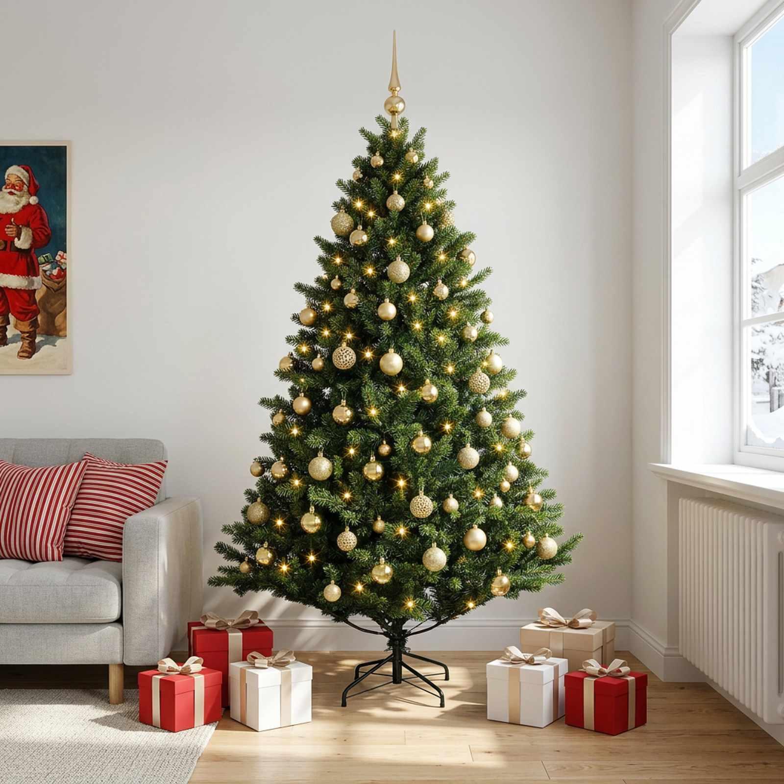 Kunstigt juletræ med julekugler 210 cm - 300 LED varm hvid