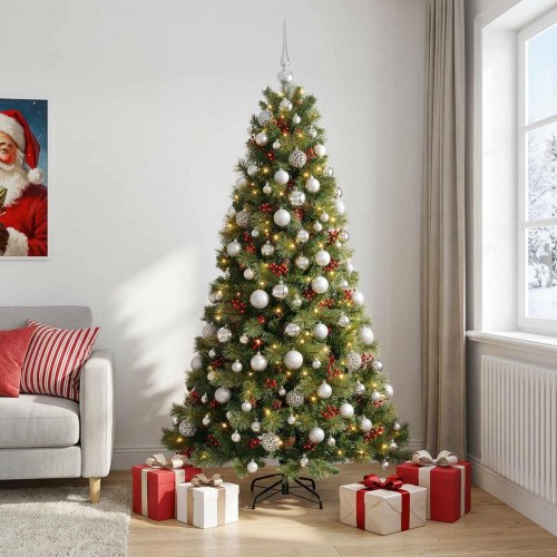 Kunstigt juletræ med kugler og 300 LED - 240 cm, varm hvid