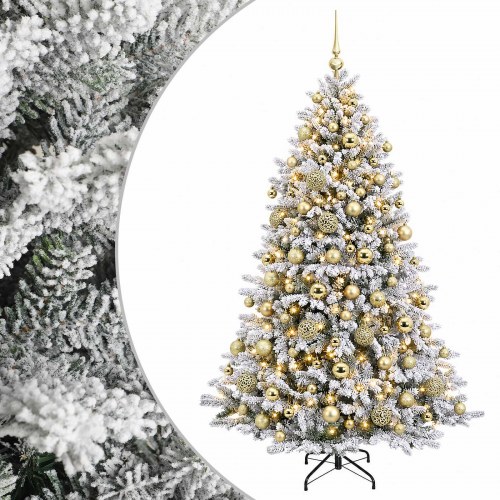 Kunstigt juletræ med sne og julekugler 210 cm - 300 LED