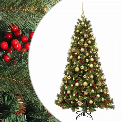 Kunstigt juletræ med julekugler og LED-lyskæde 210 cm - varm hvid