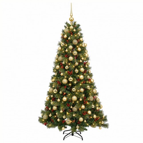 Kunstigt juletræ med julekugler og LED-lyskæde 210 cm - varm hvid