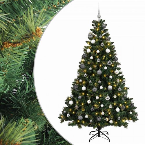 Kunstigt juletræ med kugler og 300 LED'er - varm hvid, 240 cm