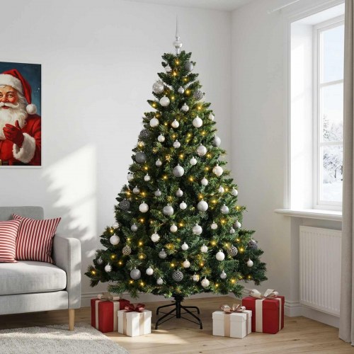 Kunstigt juletræ med kugler og 300 LED'er - varm hvid, 240 cm