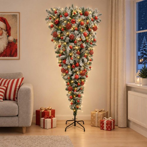 Omvendt kunstigt juletræ med 300 LED og pynt - 180 cm