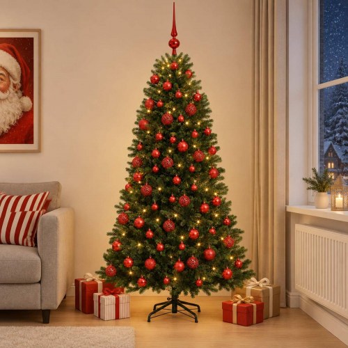 Kunstigt juletræ med kugler og 300 LED - 210 cm, varm hvid