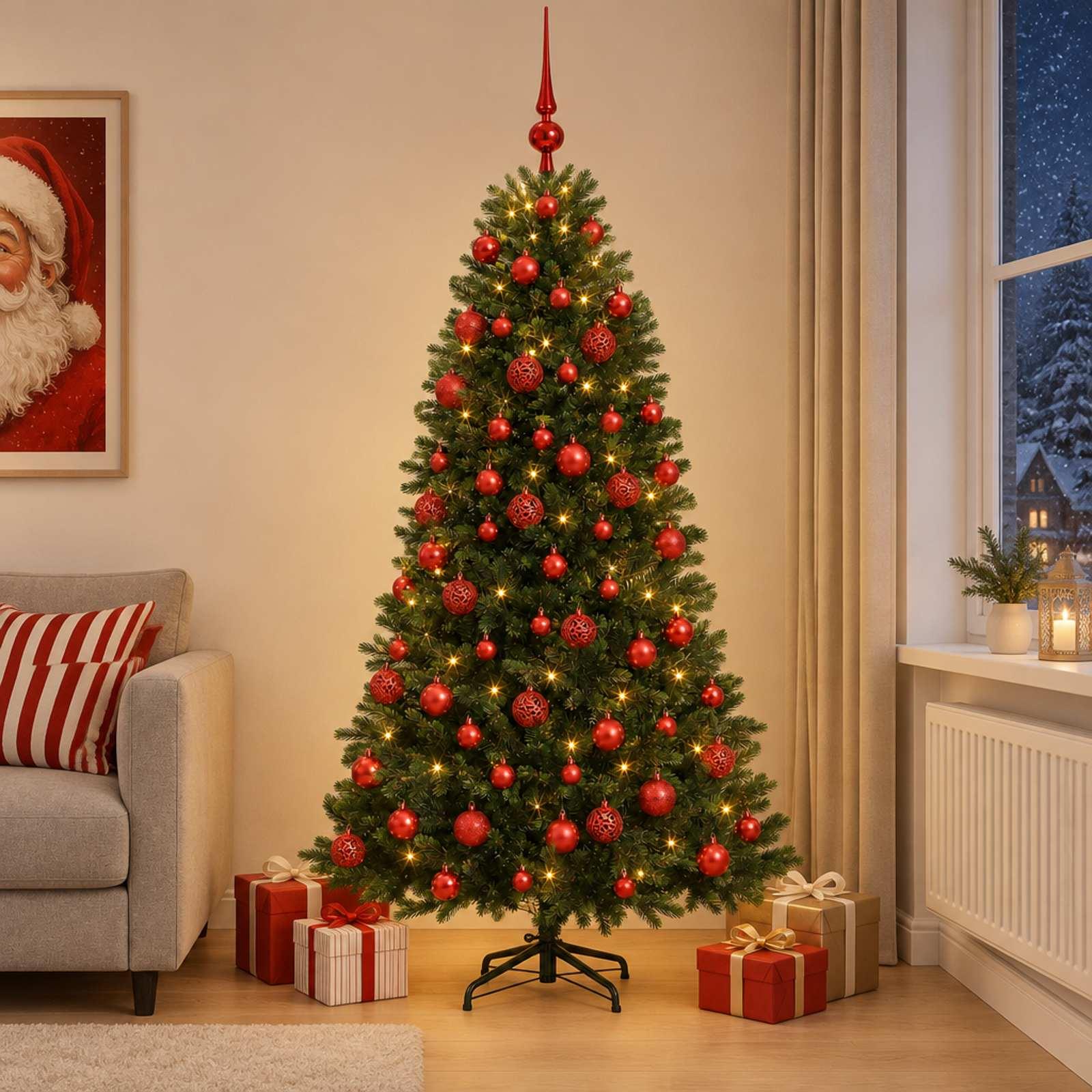Kunstigt juletræ med kugler og LED-lys 240 cm - varm hvid