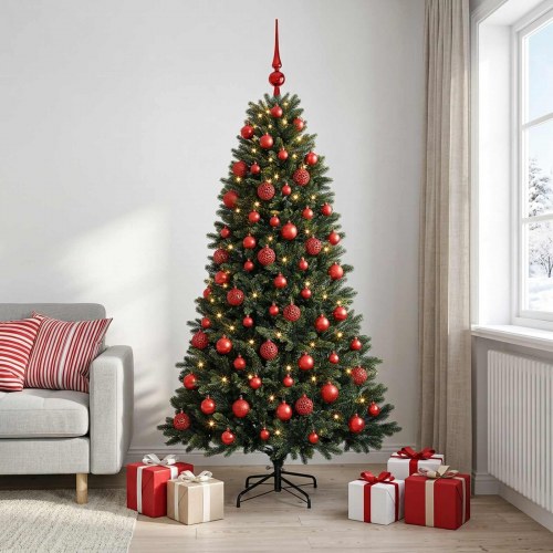 Kunstigt juletræ med kugler og LED-lys 240 cm - varm hvid