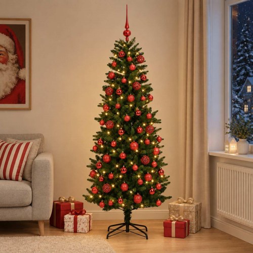 Kunstigt juletræ med kugler og 300 LED 210 cm - varm hvid