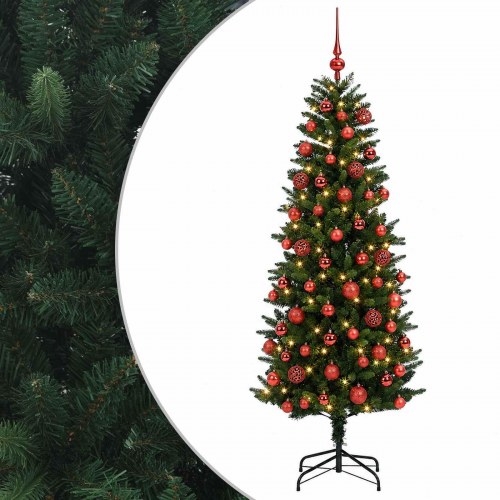 Kunstigt juletræ med kugler og 300 LED 210 cm - varm hvid