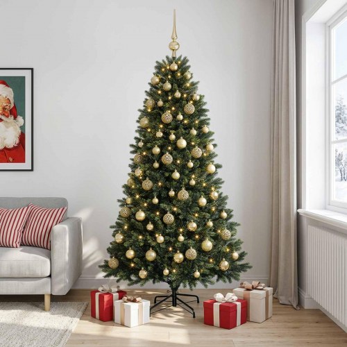Kunstigt juletræ med kugler og 300 LED'er - 210 cm, varm hvid