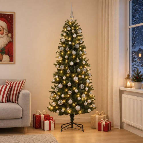 Kunstigt juletræ med kugler og LED-lys 180 cm - varm hvid