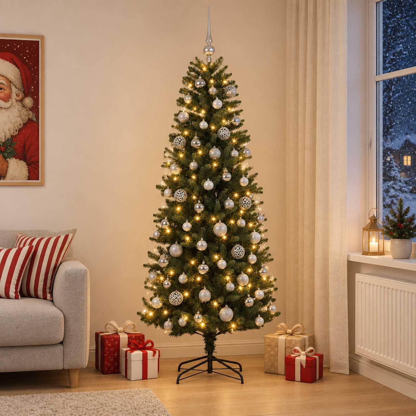 Kunstigt juletræ med kugler og LED-lys 180 cm - varm hvid