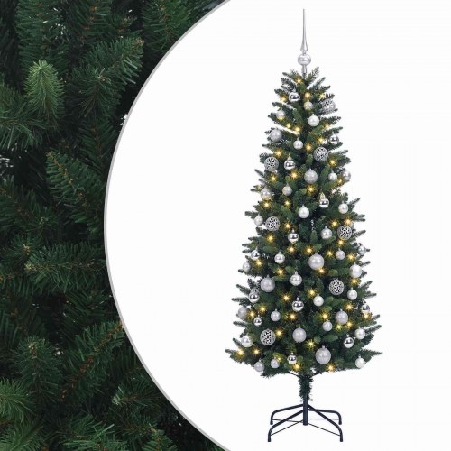 Kunstigt juletræ med kugler og LED-lys 180 cm - varm hvid