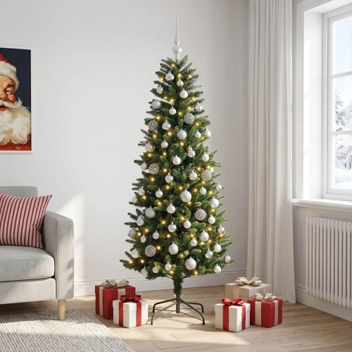 Kunstigt juletræ med kugler og LED-lys 180 cm - varm hvid