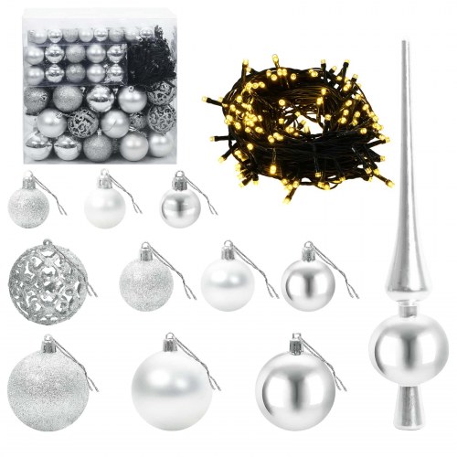 Kunstigt juletræ med kugler og LED-lys 180 cm - varm hvid