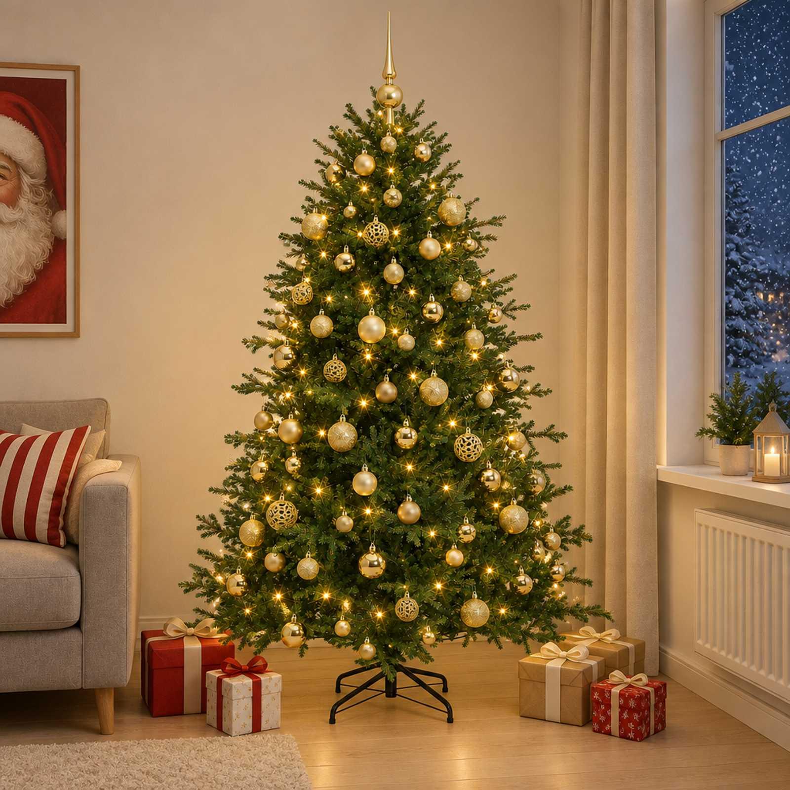Kunstigt juletræ med julekugler og 300 LED - 240 cm