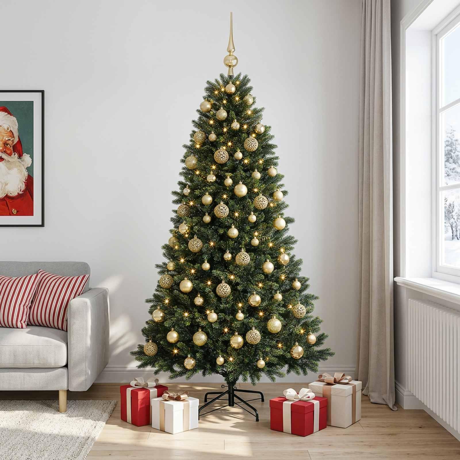 Kunstigt juletræ med kugler og 300 LED - 240 cm