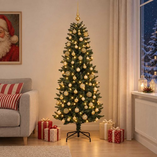 Kunstigt juletræ med julekugler og 300 LED 180 cm - varm hvid