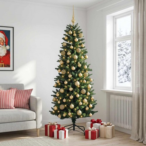 Kunstigt juletræ med kugler og 300 LED'er - 210 cm, varm hvid