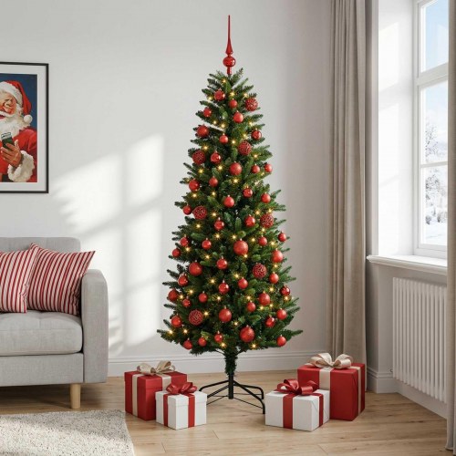 Kunstigt juletræ med kugler og LED-lys 240 cm - varm hvid