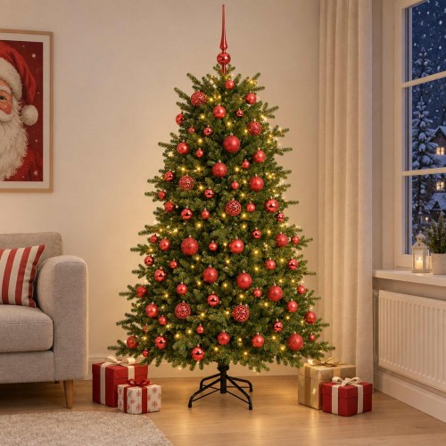 Kunstigt juletræ med julekugler og LED-lys 210 cm - varm hvid