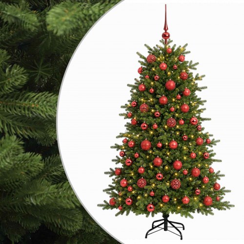Kunstigt juletræ med julekugler og LED-lys 210 cm - varm hvid