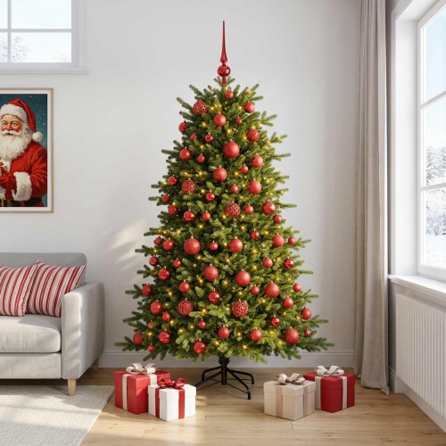 Kunstigt juletræ med julekugler og LED-lys 210 cm - varm hvid