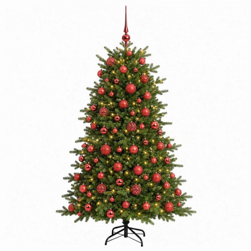 Kunstigt juletræ med julekugler og LED-lys 210 cm - varm hvid