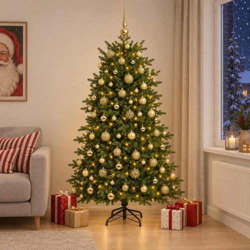 Kunstigt juletræ med julekugler 180 cm - 300 LED varm hvid